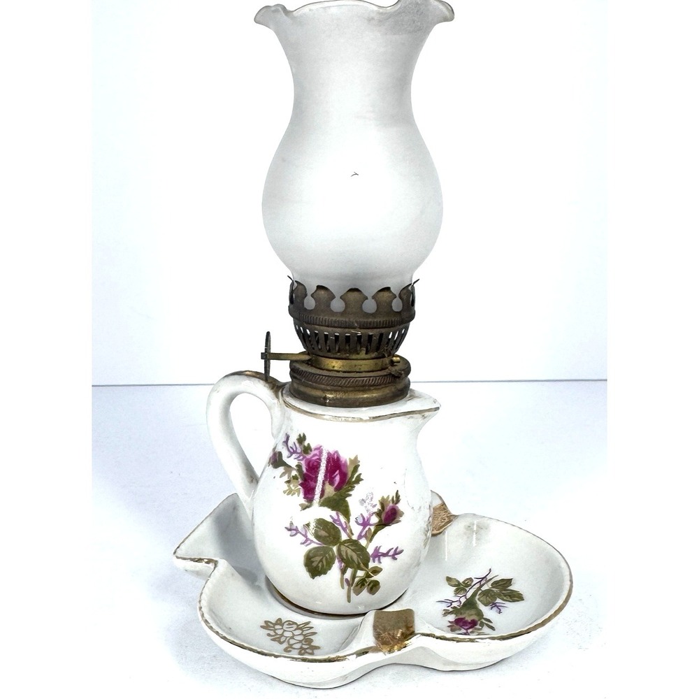 Vintage Miniature Finger Oil Lamp Porcelain Floral Base Milk Glass Chimney